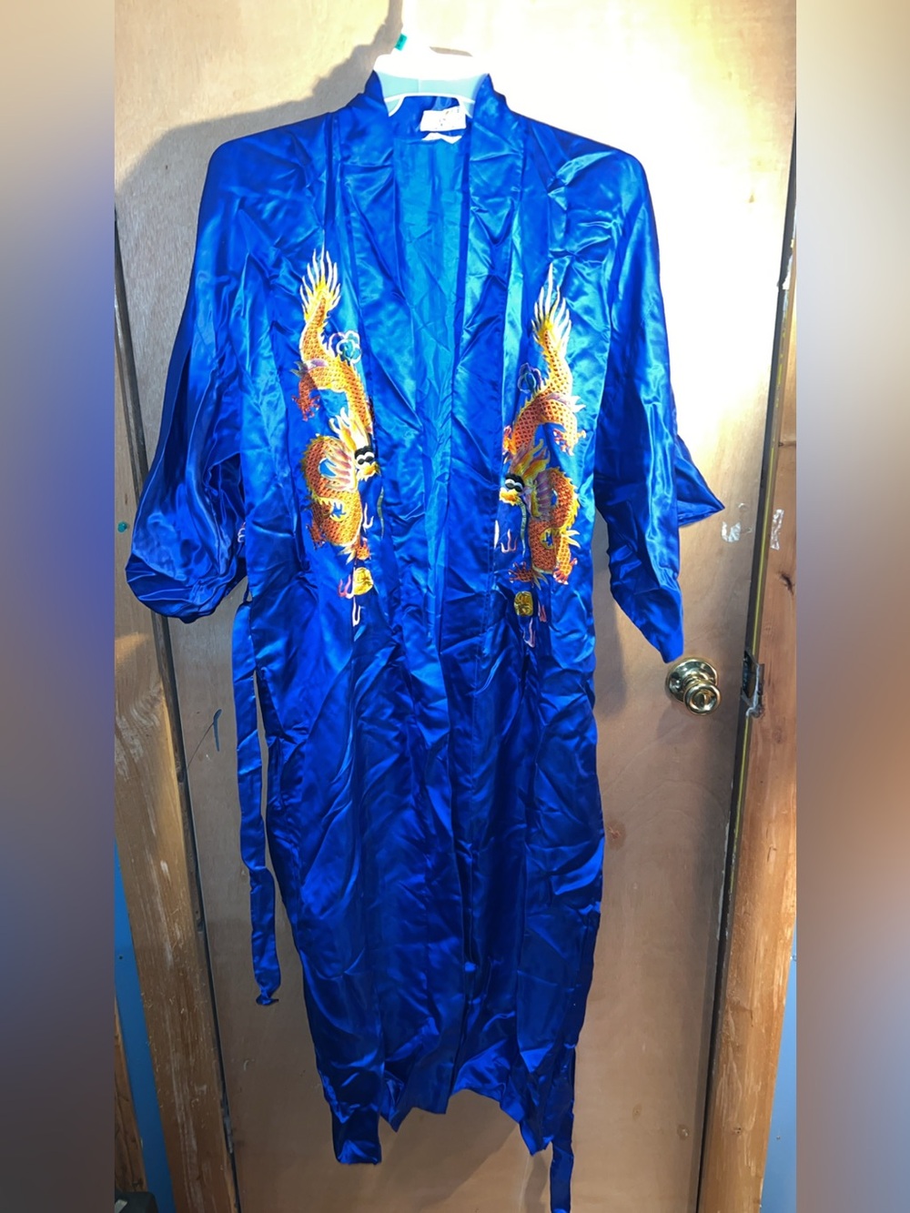 Men's Blue Satin Dragon Embroidered Robe